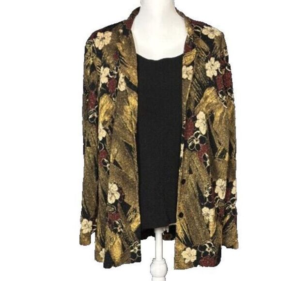 Vintage Floral One Piece Tank Jacket Plus Size 20W Green Black Floral Buttons - Picture 2 of 10